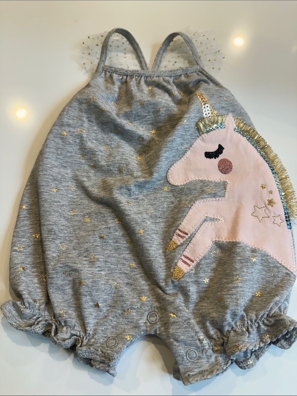 Mud Pie Gray Romper with Pink Unicorn Detail and Gold Accents